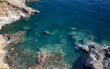 Aerial view of mediterranean sea coast near village Bali with transparent water. Crete, Greece