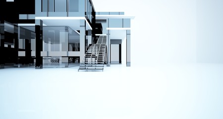 Abstract architectural white and black gloss interior of a minimalist house with large windows.. 3D illustration and rendering.