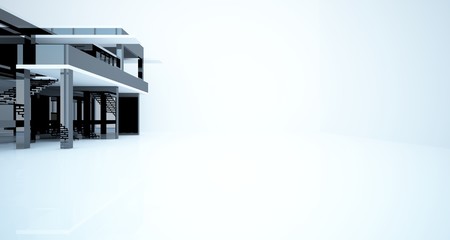 Abstract architectural white and black gloss interior of a minimalist house with large windows.. 3D illustration and rendering.