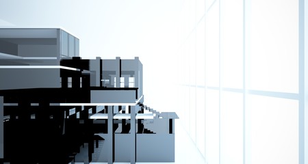 Abstract architectural white and black gloss interior of a minimalist house with large windows.. 3D illustration and rendering.