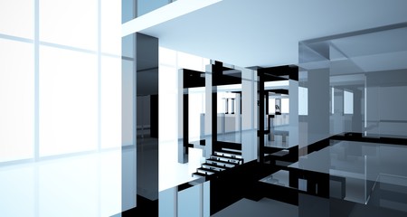 Abstract architectural white and black gloss interior of a minimalist house with large windows.. 3D illustration and rendering.