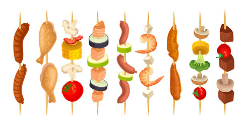 Different types of kebab on a wooden skewer. Vector illustration on white background.