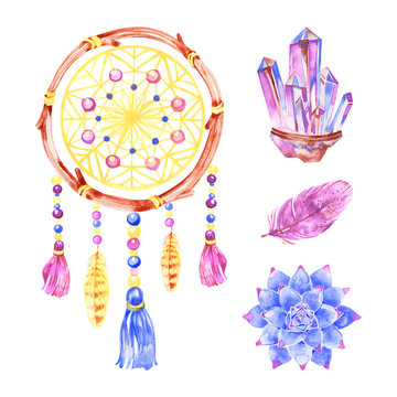 Watercolor doodle dreamcatcher set isolated on white background. Ribbons, dreamcatcher, feathers. Perfect for design of wedding invitations, greeting cards, postcards, invitations, children's books.