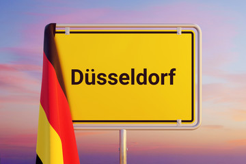 Düsseldorf. Gelbes Schild/Ortsschild. Flagge von Deutschland hängt darüber. Himmel mit Sonnenuntergang oder Sonnenaufgang