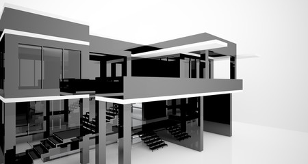 Fototapeta na wymiar Abstract architectural white and black gloss interior of a minimalist house with large windows.. 3D illustration and rendering.