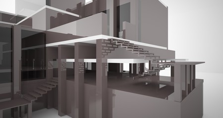 Abstract architectural white and brown gloss interior of a minimalist house with large windows.. 3D illustration and rendering.