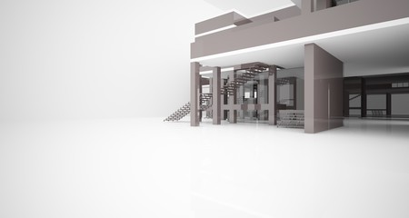 Abstract architectural white and brown gloss interior of a minimalist house with large windows.. 3D illustration and rendering.