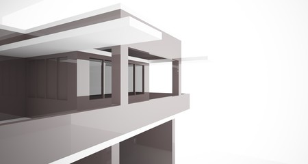 Abstract architectural white and brown gloss interior of a minimalist house with large windows.. 3D illustration and rendering.