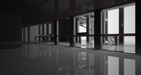 Abstract architectural white and black gloss interior of a minimalist house with large windows.. 3D illustration and rendering.