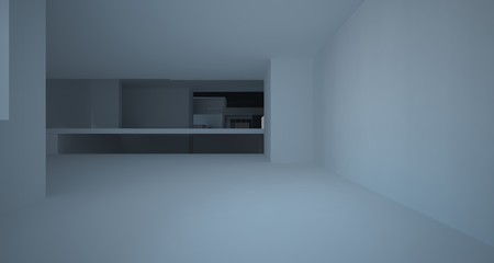 Abstract architectural white and black gloss interior of a minimalist house with large windows.. 3D illustration and rendering.