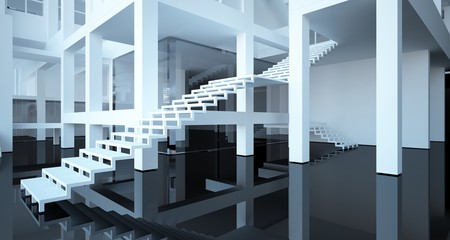 Naklejka na ściany i meble Abstract architectural white and black gloss interior of a minimalist house with large windows.. 3D illustration and rendering.