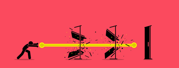 Stick figure man destroying all door with an energy fireball power. Vector artwork concept depict overcome challenges, dealing with difficulty, solving obstacles, and going through barrier of entry.
