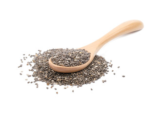 Chia seeds in a wooden spoon isolated on white background.