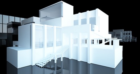 Abstract architectural white and black gloss interior of a minimalist house with large windows.. 3D illustration and rendering.