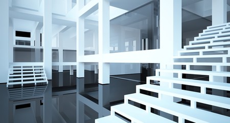 Obraz premium Abstract architectural white and black gloss interior of a minimalist house with large windows.. 3D illustration and rendering.