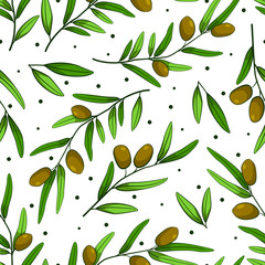 Vector seamless pattern with olives branches. Design for fabrics, wallpapers, textiles, web design. Isolated on white.