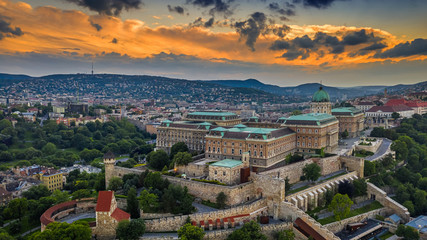 Budapest, Hungary - Aerial skyline view of Buda Castle Royal Palace with a beautiful golden sunset...