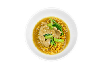 (Top view) Crispy fried noodle (rad nah Chinese food) with pork isolated on white background with clipping part, concept food menu.
