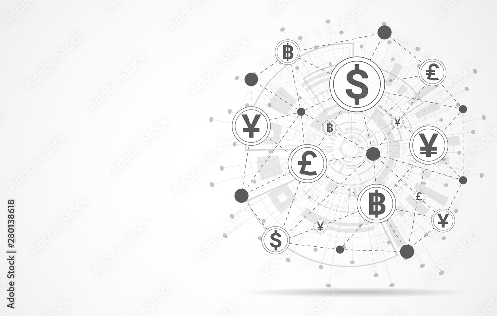 Poster global network connection. currency coin. money transfer. world map point and line composition conce