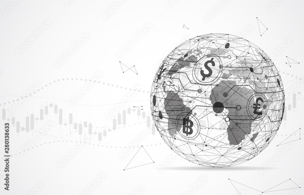 Poster global network connection. currency coin. money transfer. world map point and line composition conce