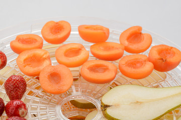 Apricot halves on a dehydrator