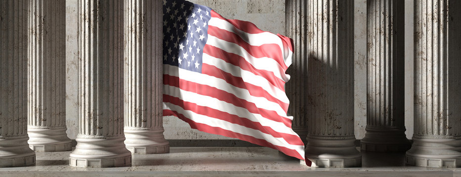 US flag, classic columns historical building. 3d illustration