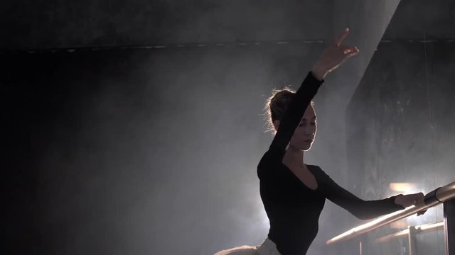 Elegant young girl ballerina dancing in costume in a darkened hall