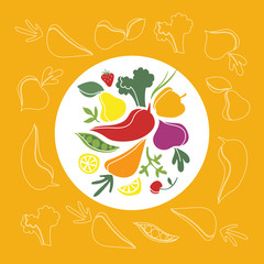 Fresh vegetables and fruits. Organic healthy vegetarian food. Carrot, pepper, broccoli, beet, pear, lemon and peas.