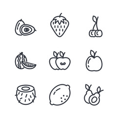 Set of Fruits Vector Line Icons. Fruits symbol illustration. Contains such Icons as Strawberry, Orange, Watermelon and more. Editable color.