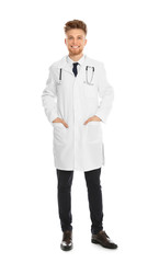 Full length portrait of medical doctor with stethoscope isolated on white