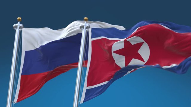 4k Seamless North Korea and Russia Flags with blue sky background;A fully digital rendering;The animation loops at 20 seconds;PRK KP RUS RU.