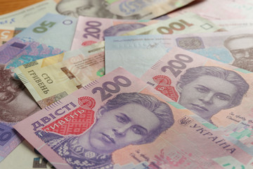 Different banknotes of Ukrainian money, closeup. National currency