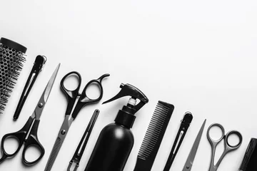 Tuinposter Composition with scissors and other hairdresser's accessories on white background, top view © New Africa