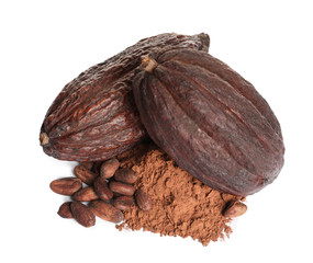 Whole cocoa pods, powder and beans on white background