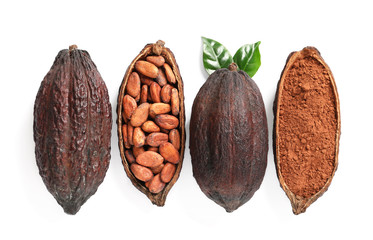Composition with cocoa products on white background, top view