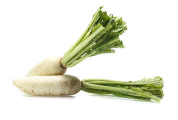 fresh white radish with slices isolated on white background