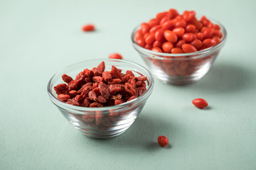 Frische und getrocknete Goji-Beeren Superfood in Glas Schale auf Mint Grün Pastell Hintergrund