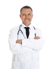 Portrait of experienced doctor in uniform on white background. Medical service