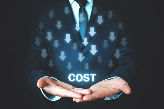 Man holding Cost text with a down arrows.