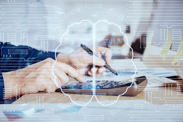 Man with multi exposure brain theme icons.