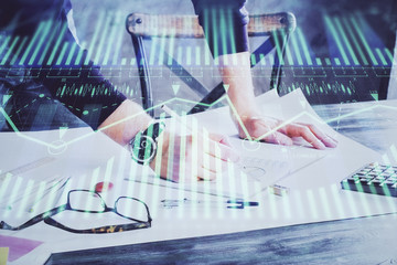 Writing man with technology icons. . Double exposure. Network and data concept.