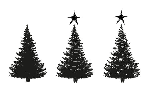 Christmas three silhouette. A set of sketches of a New Year s tree from the forest and decorated with stars and garlands. Doodle hand drawing. Stock vector.