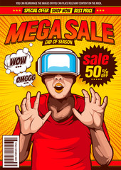 Naklejka premium sale pop-art design, comic cover template background, flyer brochure speech bubbles, doodle art, VR virtual reality technology, glasses and headset ,vector illustration.