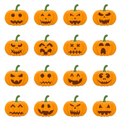 Set of Halloween pumpkins isolated on white background. Cartoon orange pumpkin with different smile, funny faces. The main symbol of the Halloween. Autumn holidays. Vector illustration for any design.