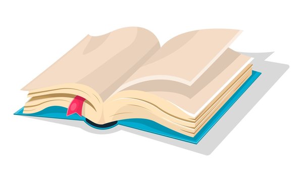 Opened blue book with empty sheets and pink bookmark, diary, sketchbook, copybook. Vector cartoon illustration for art, creative, educational, publishing, literary projects isolated on white