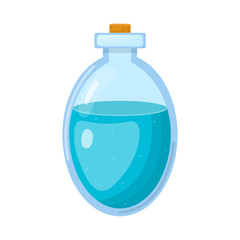 Magic potion in bottle with blue liquid isolated on white background. Chemical or alchemy elixir. Vector illustration for any design.