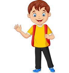 Cartoon school boy carrying backpack waving hand