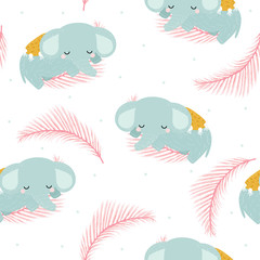 Seamless pattern with sweet little elephant and tropical leaves. Childish cute print. Vector hand drawn illustration.