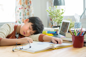 An Asian preteen / teenage boy lying himself on the working desk, taking power nap while studying and preparing for the exam / homework. Computer e-learning. Exhausted and Tired student concept.