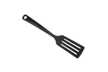 Black kitchen spatula utensils or kitchenware closeup isolated on white background